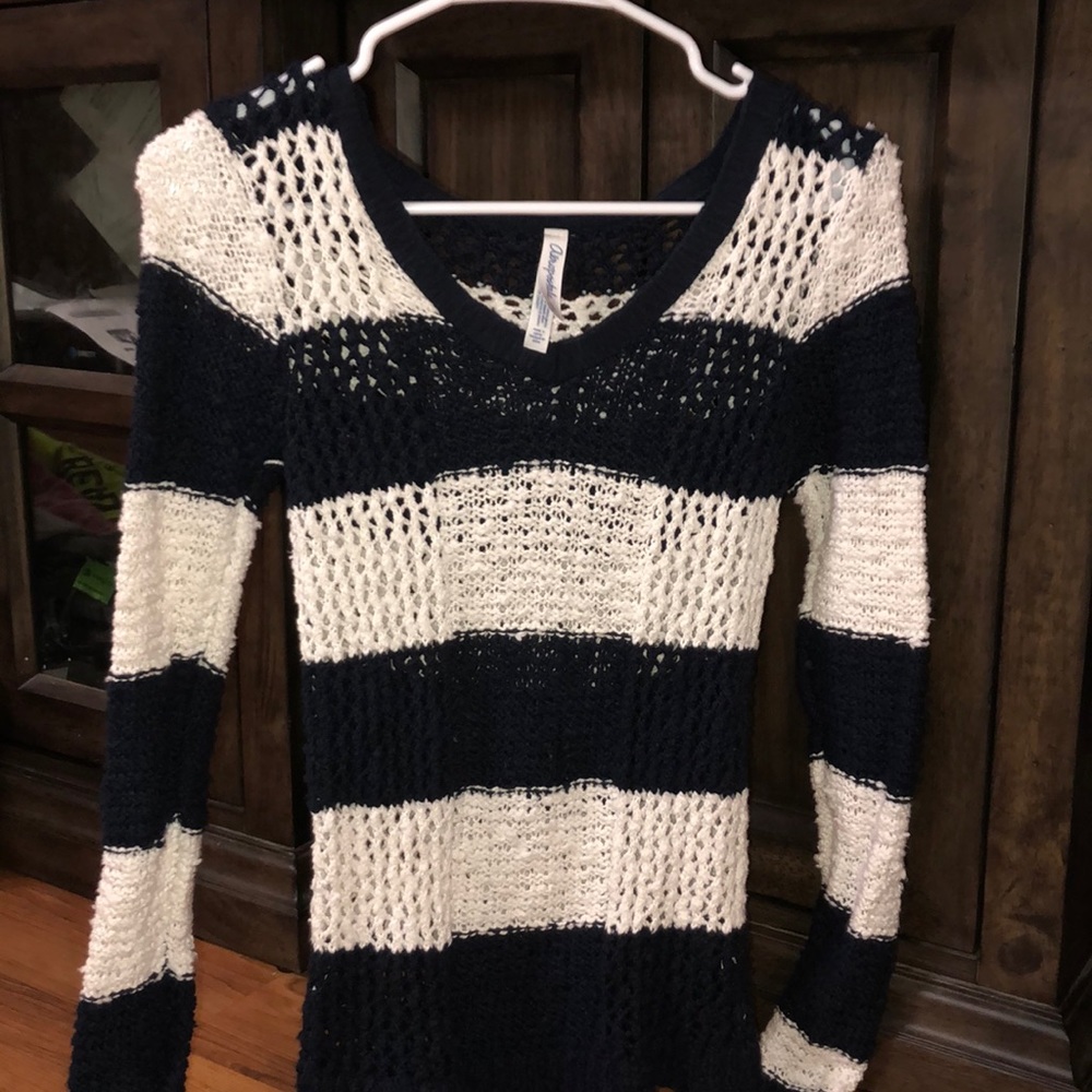 Long sleeve navy blue and white stripped shirt